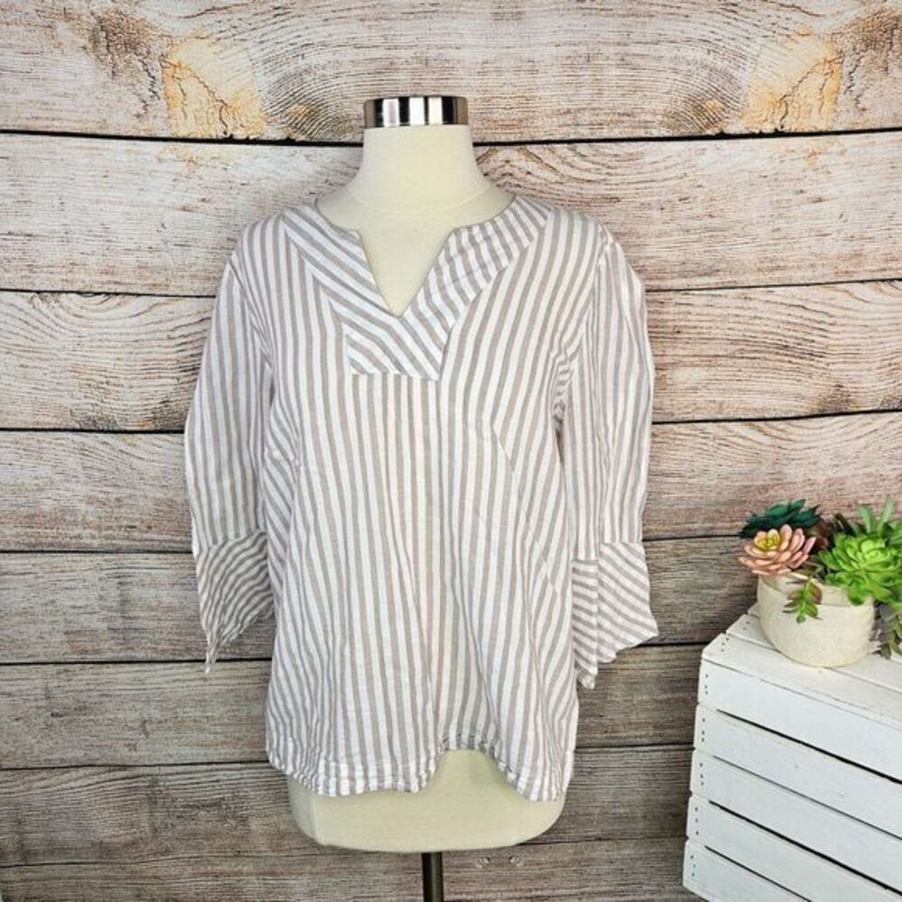Chico's Striped Bell Sleeve V-Neck Blouse Casual Office‎ Top Size 2 Medium